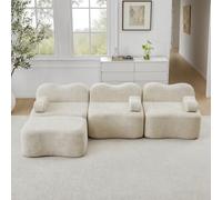 Sweiko Canapé modulaire avec accoudoirs Amovibles et 1 Pouf, Canapé d'angle en Velours avec Base antidérapante, Mousse 32D, Moderne Sofa Compact pour Salon, Appartement (Beige, 3 Seat-L)