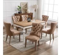 Sweiko Chaise Salle a Manger en Velours(6 St),Luxueuse Chaise Rembourrées avec Heurtoir Unique à I'arrière,Chaise de Salon avec Pieds en Bois Massif et Garniture de Tête de Clou (Grisbrun+6 pcs)