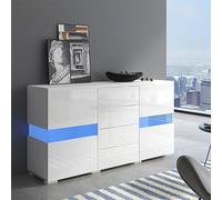 Sweiko Commode Blanc Brillant, Buffet avec 2 Portes et 3 Tiroirs Armoire de Rangement avec 16 Couleurs LED Meuble Polyvalent pour Salle à Manger Salon