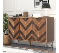 Sweiko - Commode rétro de 119,4 cm avec trois portes, en bois, marron, pieds en métal, noirs, avec étagère réglable, armoire polyvalente pour couloir, chambre, salon, salle de bain, chambre d'enfant