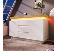 Sweiko Commode, Sideboard Buffet Brillant avec 2 Portes et 3 tiroirs, éclairage LED (App Control), Meuble Polyvalent pour Le Salon et la Chambre à Coucher (81 x 140 x 39 cm)