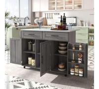Sweiko grand chariot repas/buffet 129x46(71)x91,5 cm, plan de travail pliable, rangement, chariot de cuisine avec roulettes pivotantes (gris avec étagère)