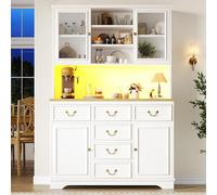 Sweiko Haut Placard de Cuisine avec Prises Secteur et USB, LED Meuble de Rangement avec 6 tiroirs et rayonnages réglables, Buffet avec Espace Porte-Poubelle (White)