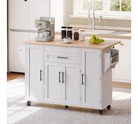 Sweiko Îlot de Cuisine Mobile avec 2 tiroirs et Plan de Travail Extensible à 70 cm, Chariots de Service avec étagères réglables et 4 Portes, Kitchen Island avec roulettes