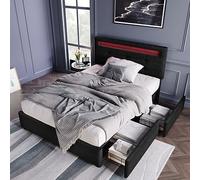 Sweiko Lit 90x200cm,Rembourré Cadre de lit avec éclairage LED sommier et Rangement lit à Lattes, Coffre de li et 2 tiroirs, lit Double rembourré, tête de lit réglable en Hauteur, sommier en Bois,Noir