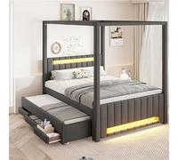 Sweiko Lit à baldaquin rembourré de 140 x 200 cm, Cadre de lit avec lit gigogne et Trois tiroirs, équipé d'un éclairage LED (Gray)