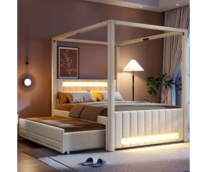 Sweiko Lit à baldaquin rembourré de 140 x 200 cm, Cadre de lit avec lit gigogne et Trois tiroirs, équipé d'un éclairage LED (Beige)