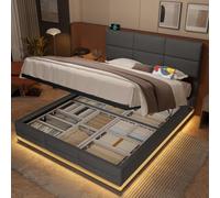 Sweiko Lit Armoire Moderne en Velours 140x200cm, Cadre de Lit de Rangement Hydraulique avec Tête de Lit Réglable en Hauteur USB et Connexion C LED(Dark Gray)