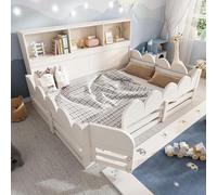 Sweiko Lit Bas Blanc en Bois Massif 140x190 cm, lit pour Adolescent avec barrières de sécurité et Porte, équipé d'un sommier à Lattes et d'une étagère, Matelas Non Compris