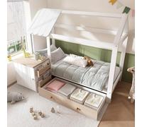 Sweiko Lit d’Enfant en Bois Massif 90x200cm avec Tiroirs sous Le Lit et Tête de Lit Amovible,Cadre Blanc sur Pied,sans Matelas (Oak&White + Wood + 90cm*200cm)