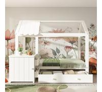 Sweiko Lit d’Enfant en Bois Massif 90x200cm avec Tiroirs sous Le Lit et Tête de Lit Amovible,Cadre Blanc sur Pied,sans Matelas (White + Wood + 90cm*200cm)
