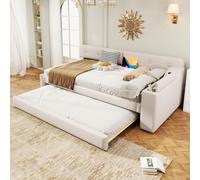 Sweiko Lit de Jour avec Lit Extensible et Coffre de Rangement Pliable 90x200cm, Canapé-Lit en Lin avec Rails et USB+Type-C (Matelas Non Inclus) (Beige)