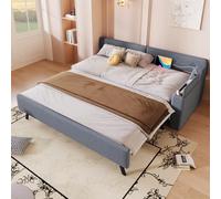 Sweiko Lit de Jour avec Lit Extensible et Coffre de Rangement Pliable 90x200cm, Canapé-Lit en Lin avec Rails et USB+Type-C (Matelas Non Inclus) (Gray)