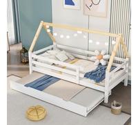 Sweiko Lit de la cabane 200x90 cm, lit de Jour pour Enfants, lit Simple en Bois avec Coulisse, lit Coulissant avec roulettes en Bas, fermes de Toit en Couleur Naturelle, 28969394WAA-1
