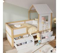 Sweiko Lit d'enfant 90x200 cm, Maison avec Toit et Fenêtre, Mi-Hauteur avec Enceinte à Quatre Côtés, Cadre de Lit d'Enfant avec 4 Tiroirs et Petit Escalier, Blanc + Couleurs Naturelles