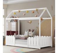 Sweiko lit d'enfant lit simple 90x200cm avec sommier à lattes et protection contre les chutes lit de maison pour garçons et filles lit en bois massif blanc (sans matelas)