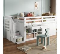 Sweiko Lit d'enfant Multifonctionnel en Bois 90 * 200cm, Cadre de lit avec escalier et Espace de Rangement, escalier/vestiaire Interchangeable de Gauche à Droite, sans Matelas, Blanc