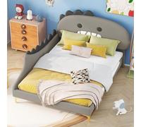 Sweiko Lit d'enfant rembourré 140 * 200cm, Cadre de lit en Forme de Dinosaure, lit Double en PU avec Pieds en métal, lit en Bois à Lattes pour Adolescents,Grau