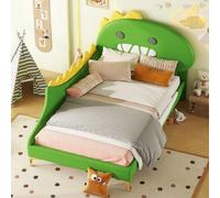 Sweiko Lit d'enfant rembourré 90 * 200cm, Cadre de lit en Forme de Dinosaure, lit Double en PU avec Pieds en métal, lit en Bois à Lattes pour Adolescents,Green