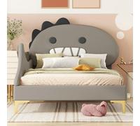 Sweiko Lit d'enfant rembourré 90 * 200cm, Cadre de lit en Forme de Dinosaure, lit Single en PU avec Pieds en métal, lit en Bois à Lattes pour Adolescents,Grau
