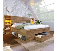 Sweiko Lit Double, lit Adolescent avec Compartiment de Rangement, Cadre de lit Adulte avec Un Petit tiroir, lit en Bois avec éclairage LED et USB C (232x218x90cm(BxLxH))