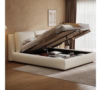 Sweiko Lit Double rembourré 180 x 200 cm, lit à Fonction hydraulique avec sommier à Lattes, tête de lit et Espace de Rangement généreux, Tissu éponge Beige