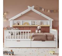 Sweiko Lit Enfant 140x200cm avec Protection Automne et Grille Toit Unique Étagère Rangement 2m Deux Rouleaux Lit Plat Bois Pin et MDF Blanc et Naturel pour Chambre