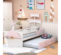 Sweiko Lit Enfant en Bois 90 * 200cm, Cadre de lit en Forme de voilier, Meuble de Rangement au Bout du lit, lit Simple avec lit Extensible(Matelas Non Inclus) (Pink)