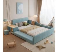 Sweiko Lit Enfant en Velours 140x200 cm avec Bureau Intégré, Tabouret, Bleu | Lit Evolutif Montessori 2 Places, Barrières Rembourrées, Sommier à Lattes, sans Matelas, pour Chambre Garçon et Fille
