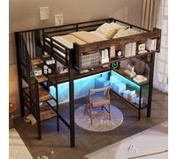 Sweiko Lit Mezzanine 140x200 cm de Style rétro pour Adolescents, doté d'un Bureau d'angle, d'espaces de Rangement et d'étagères perforées, équipé d'un Port USB Type-C et d'un éclairage LED
