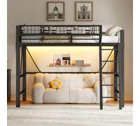 Sweiko Lit Mezzanine 140x200 cm en Métal avec Éclairage LED et Rangement | Lit Double, Panier de Rangement, Barrières de Sécurité, avec Échelle, sans Matelas, Noir, pour Ado, Adulte, Gain de Place