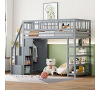 Sweiko Lit mezzanine 90 x 200, design de sécurité clôture haute avec armoire, étagères et espace de rangement avec échelle d'escalade de sécurité, lit multifonctionnel, lit en bois massif, gris