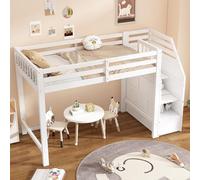 Sweiko Lit Mezzanine 90x200cm avec Échelle de Rangement, Cadre de lit avec Espace de Jeu, Lit Surélevé avec Lattes intégrées et Garde-Corps