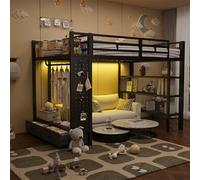 Sweiko Lit Mezzanine de 140 x 200 cm, Cadre de lit avec Armoire Ouverte, lit Mezzanine en métal avec rangements, Panneaux perforés et éclairage LED (Black)