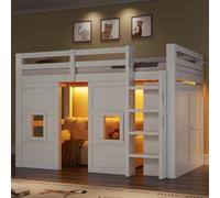 Sweiko Lit Mezzanine en Bois,Cadre de lit avec Structure intégrant Une Armoire, Deux fenêtres et Un éclairage LED (90 x 200 cm)