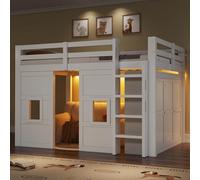 Sweiko Lit Mezzanine en Bois,Cadre de lit avec Structure intégrant Une Armoire, Deux fenêtres et Un éclairage LED (140 x 200 cm)