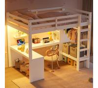 Sweiko Lit Mezzanine en Pin 140x200cm avec Bureau Intégré, LED et USB,Blanc | Lit Double, Penderie, Étagères, Barrières Sécurité, sans Matelas, Gain de Place pour Chambre Ado Enfant