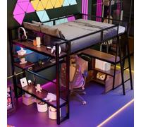 Sweiko Lit Mezzanine Métal 140x200 cm avec Bureau, LED et Prise USB, Noir | Lit Gamer, Étagères, Station de Recharge, Échelle Inclinée, sans Matelas, Gain de Place pour Chambre Adulte et Ado