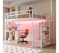 Sweiko Lit Mezzanine métal avec penderie, Prises électriques, Lit Surélevé avec Bandeau Lumineux, Bureau intégré, Cadre de lit avec étagère Filet, Étagère en escalier Ouverte (White, 140cm*200cm)