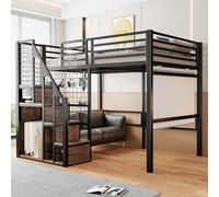 Sweiko Lit Mezzanine métallique 140x200cm avec Grille à Accessoires, Cadre de lit avec barrière Haute, Lit Surélevé avec Espace Libre sous Le lit