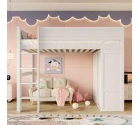 Sweiko Lit Mezzanine Superposé 90x200cm avec Armoire et Compartiment Rangement, Lit Enfant Surélevé en Bois Pin Blanc, Espace Ouvert sous, sans Matelas (White + Pine + 90cm*200cm)