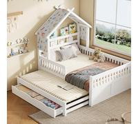 Sweiko Lit Plateforme en bois140 x 200 cm, en Forme de Maison, Cadre de lit avec lit gigogne, 3 tiroirs et barrières de sécurité (White)