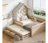 Sweiko Lit Plateforme en bois140 x 200 cm, en Forme de Maison, Cadre de lit avec lit gigogne, 3 tiroirs et barrières de sécurité (Cream)