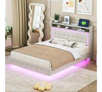 Sweiko lit rembourré 140*200, avec prise USB et lumière LED, le lit peut être placé à la tête du lit, design de pied caché, lit double plat, tissu en lin beige