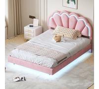 Sweiko Lit rembourré 140 x 200 cm, Cadre de lit flottant rembourré avec lampes LED et design de la tête de lit, lit double plat-lit d'appoint en tissu velours rose agréable pour la peau