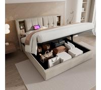 Sweiko Lit rembourré 140x200cm, Cadre de lit avec Recharge sans Fil USB C, Cadre de lit Adulte avec Espace de Rangement, Lits Double à Lattes en Bois et Lin Naturel，Natural