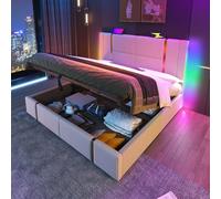 Sweiko Lit rembourré 160×200 cm, Cadre de lit avec Chargeur USB Type C, LED lit de Rangement hydraulique Cadre avec Lattes en Bois, Tissu en Lin Beige (Matelas Non Inclus)