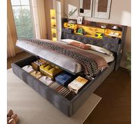 Sweiko Lit rembourré 160 x 200 cm avec Espace de Rangement hydraulique et tête de lit LED, 4 Stations de Recharge (USB/Type-C), lit Double avec sommier à Lattes (sans Matelas)