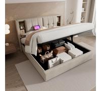 Sweiko Lit rembourré 160x200cm, Cadre de lit avec Recharge sans Fil USB C, Cadre de lit Adulte avec Espace de Rangement, Lits Double à Lattes en Bois et Lin Naturel，Natural