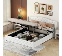 Sweiko Lit rembourré 180 x 200 cm avec sommier et tête de lit, Lit Double rembourré avec Grand Espace de Rangement en Coton et Lin,Cadre de lit Support à Lattes en Bois Velours (White)